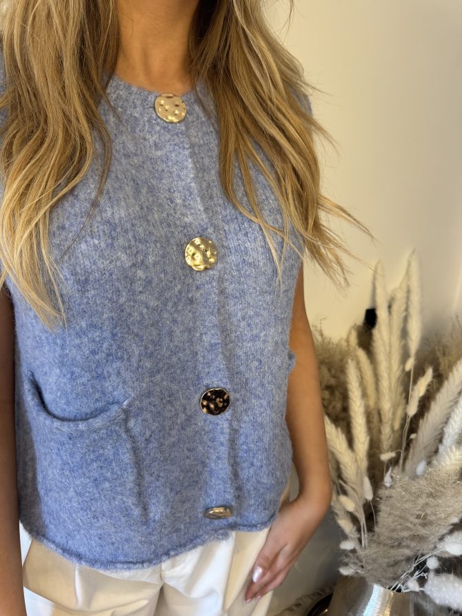 Blue sleeveless golden button gilet